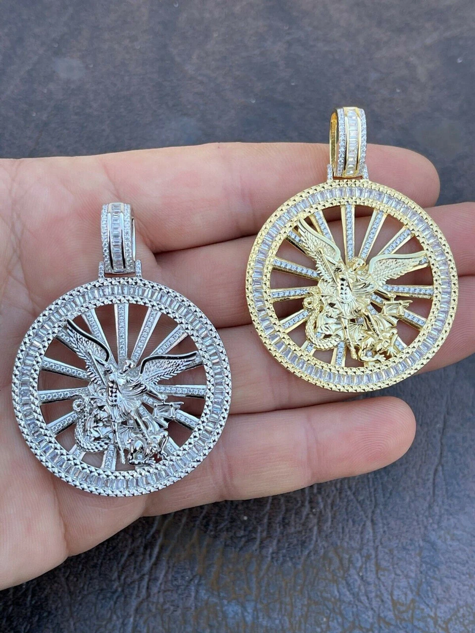 Real 925 Silver St Michael Archangel Necklace Pendant Iced Baguette Medallion 4 Real 925 Silver St Michael Archangel Necklace Pendant Iced Baguette Medallion - Image 2