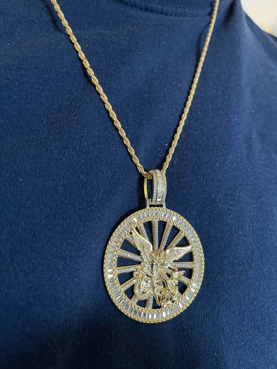 Real 925 Silver St Michael Archangel Necklace Pendant Iced Baguette Medallion 14 Real 925 Silver St Michael Archangel Necklace Pendant Iced Baguette Medallion - Image 12