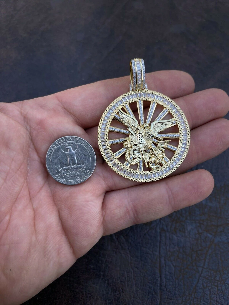 Real 925 Silver St Michael Archangel Necklace Pendant Iced Baguette Medallion 6 Real 925 Silver St Michael Archangel Necklace Pendant Iced Baguette Medallion - Image 4