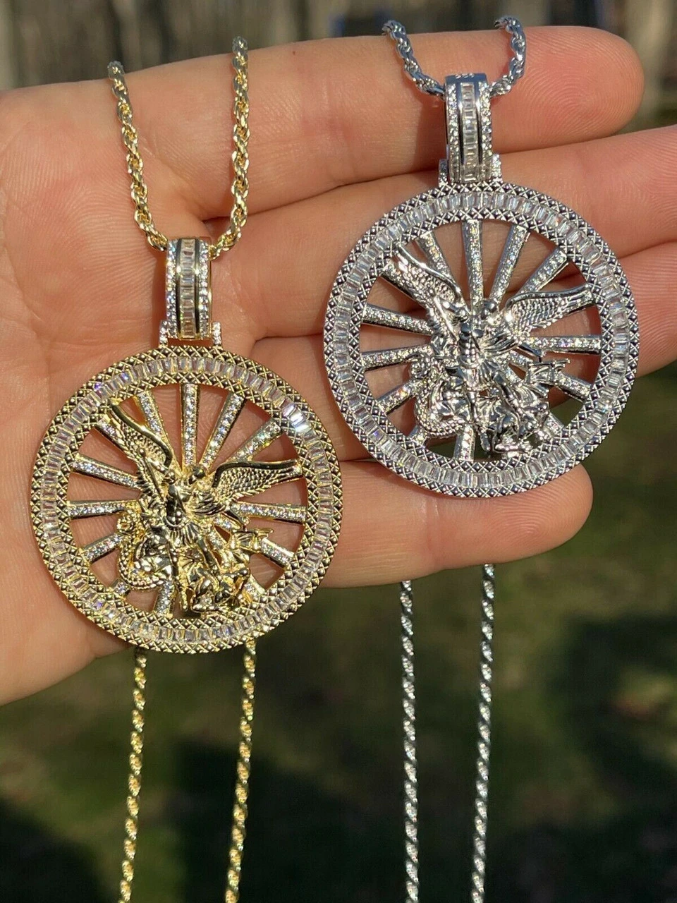 Real 925 Silver St Michael Archangel Necklace Pendant Iced Baguette Medallion 5 Real 925 Silver St Michael Archangel Necklace Pendant Iced Baguette Medallion - Image 3