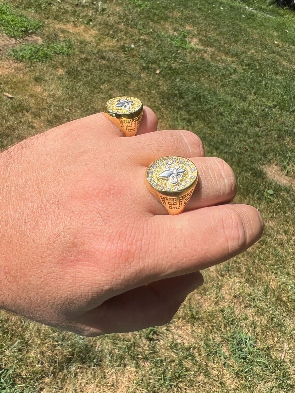 Real 925 Sterling Silver 14k Gold Plated Iced CZ Ring HipHop French Fleur De Lis 4 Real 925 Sterling Silver 14k Gold Plated Iced CZ Ring HipHop French Fleur De Lis - Image 2