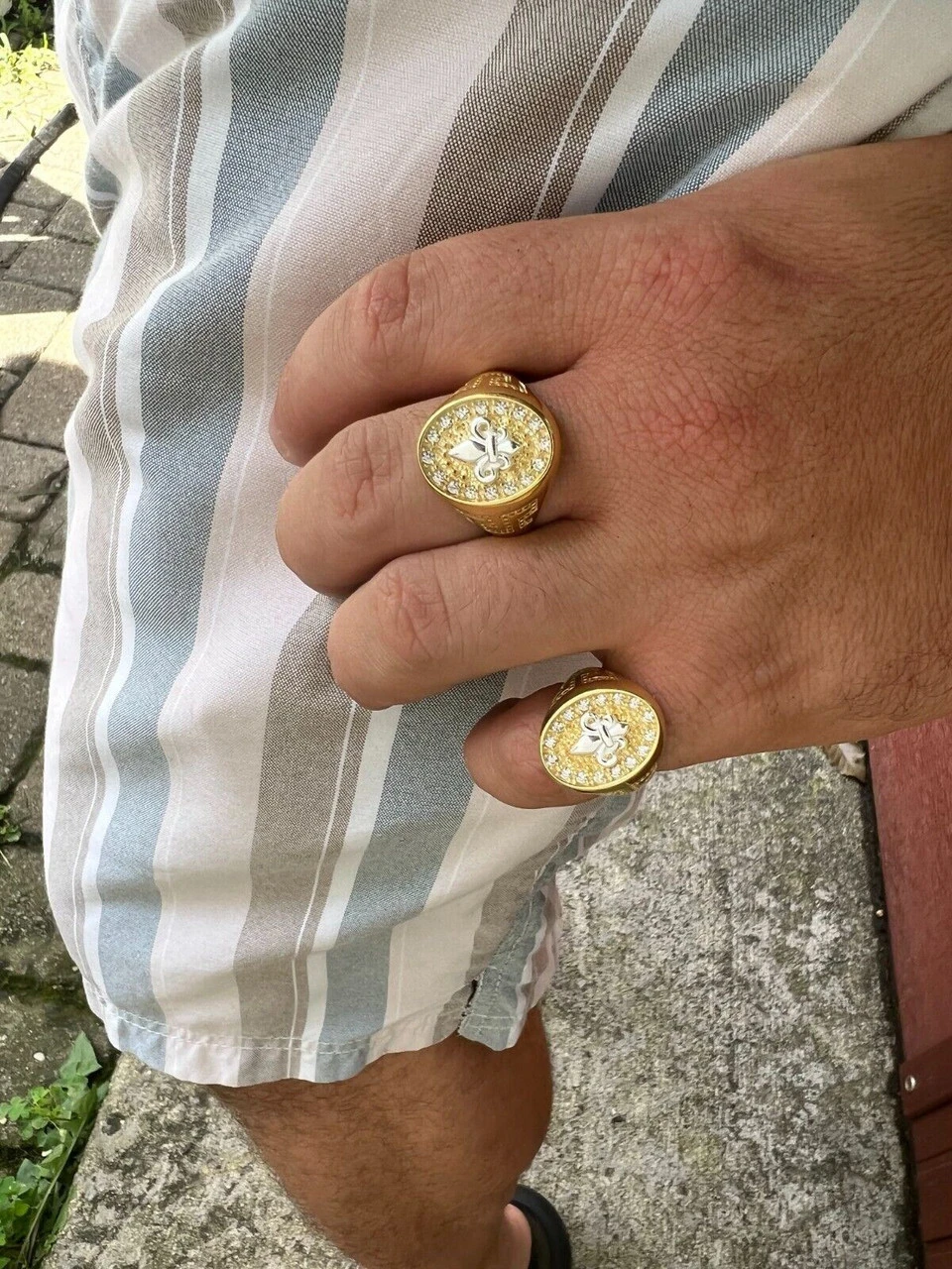 Real 925 Sterling Silver 14k Gold Plated Iced CZ Ring HipHop French Fleur De Lis 5 Real 925 Sterling Silver 14k Gold Plated Iced CZ Ring HipHop French Fleur De Lis - Image 3