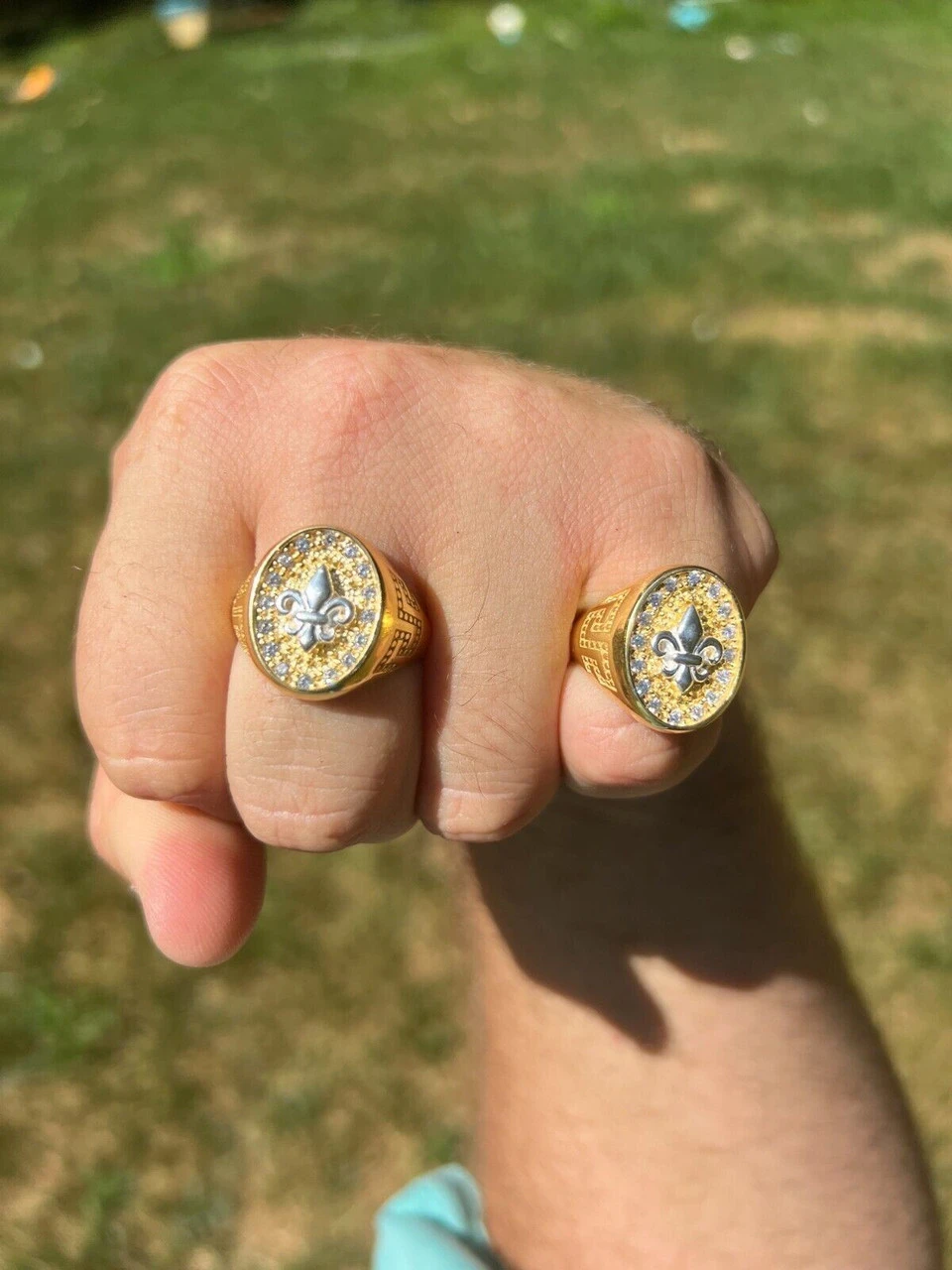 Real 925 Sterling Silver 14k Gold Plated Iced CZ Ring HipHop French Fleur De Lis 10 Real 925 Sterling Silver 14k Gold Plated Iced CZ Ring HipHop French Fleur De Lis - Image 8