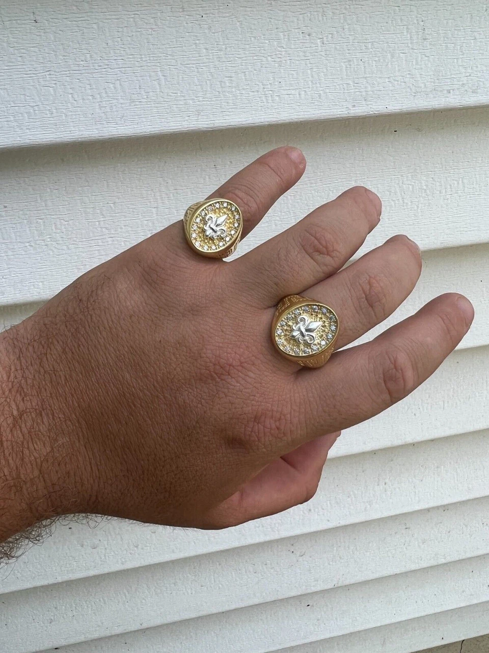 Real 925 Sterling Silver 14k Gold Plated Iced CZ Ring HipHop French Fleur De Lis 7 Real 925 Sterling Silver 14k Gold Plated Iced CZ Ring HipHop French Fleur De Lis - Image 5