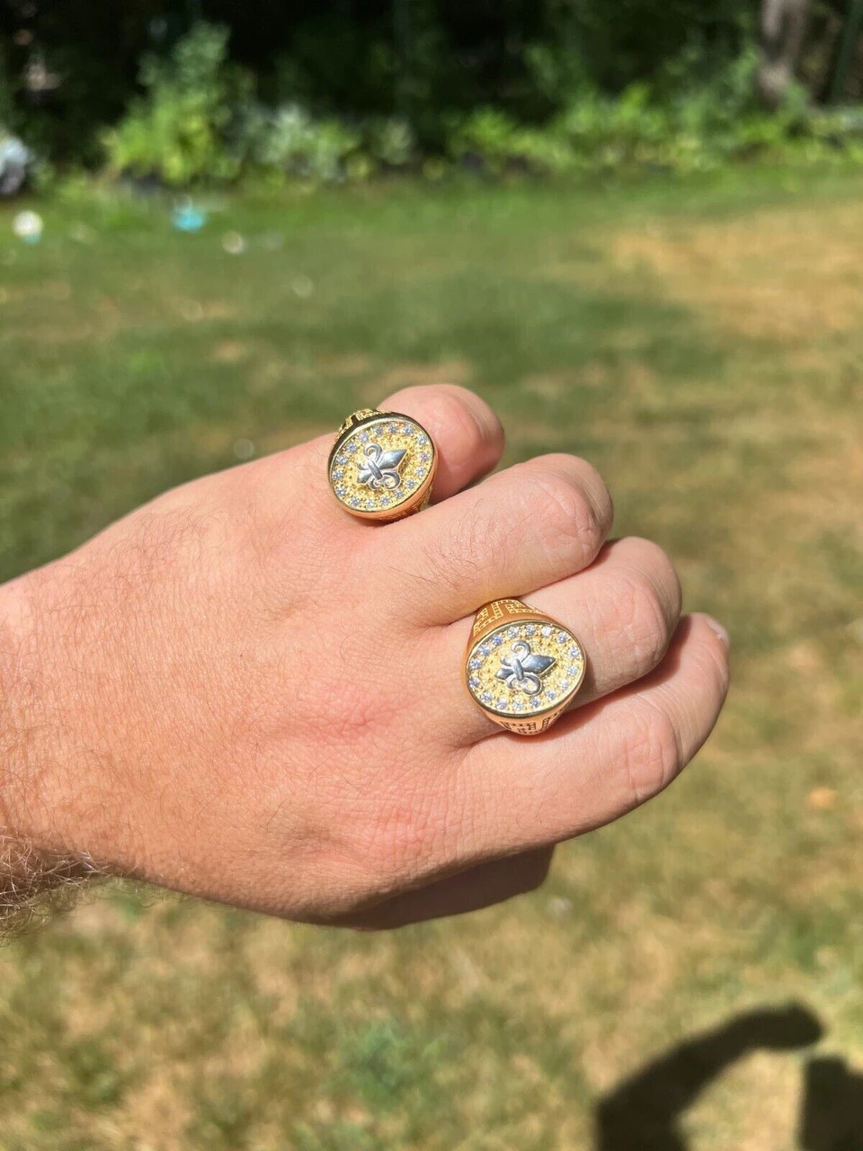 Real 925 Sterling Silver 14k Gold Plated Iced CZ Ring HipHop French Fleur De Lis 9 Real 925 Sterling Silver 14k Gold Plated Iced CZ Ring HipHop French Fleur De Lis - Image 7