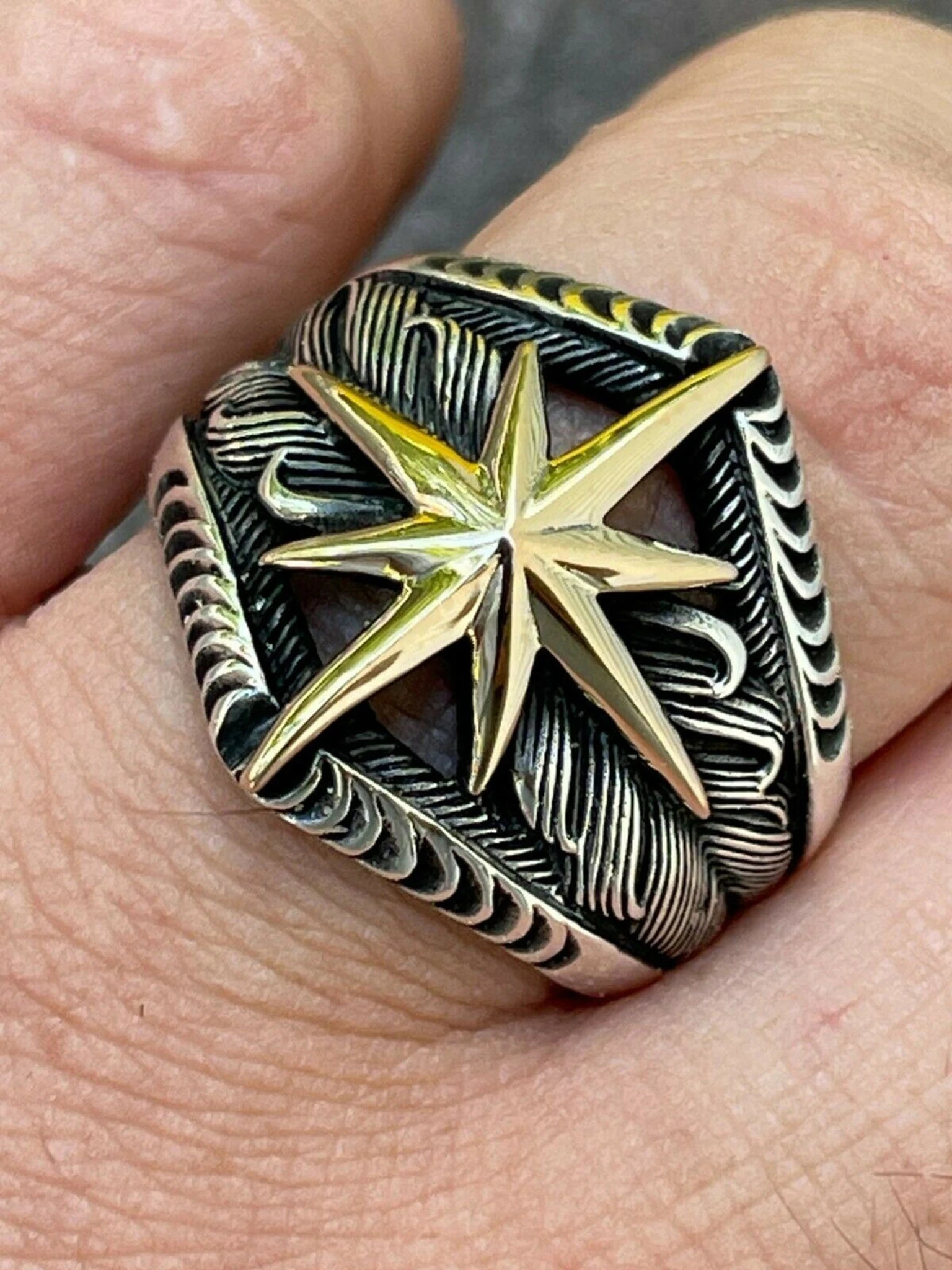 Real 925 Sterling Silver & 10k Gold Mens Nautical Compass Star Ring Sizes 7-13 3 Real 925 Sterling Silver & 10k Gold Mens Nautical Compass Star Ring Sizes 7-13