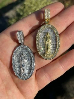 Real 925 Sterling Silver & 14k Gold - Virgin Mary Necklace Iced Baguette Pendant -Harlem Bling Shop harlembling real 925 sterling silver and 14k gold virgin mary necklace iced baguette pendant 00566.1664386441