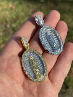 Real 925 Sterling Silver & 14k Gold - Virgin Mary Necklace Iced Baguette Pendant -Harlem Bling Shop harlembling real 925 sterling silver and 14k gold virgin mary necklace iced baguette pendant 57287.1664389561