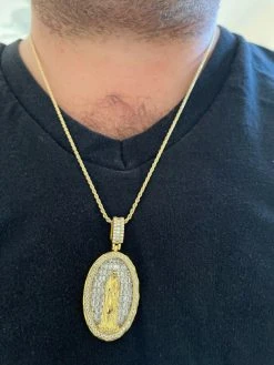 Real 925 Sterling Silver & 14k Gold - Virgin Mary Necklace Iced Baguette Pendant -Harlem Bling Shop harlembling real 925 sterling silver and 14k gold virgin mary necklace iced baguette pendant 65681.1664374200