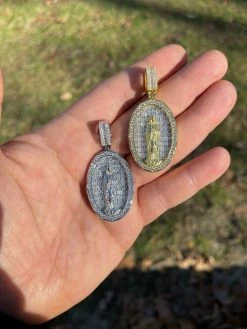 Real 925 Sterling Silver & 14k Gold - Virgin Mary Necklace Iced Baguette Pendant -Harlem Bling Shop harlembling real 925 sterling silver and 14k gold virgin mary necklace iced baguette pendant 66771.1664395308