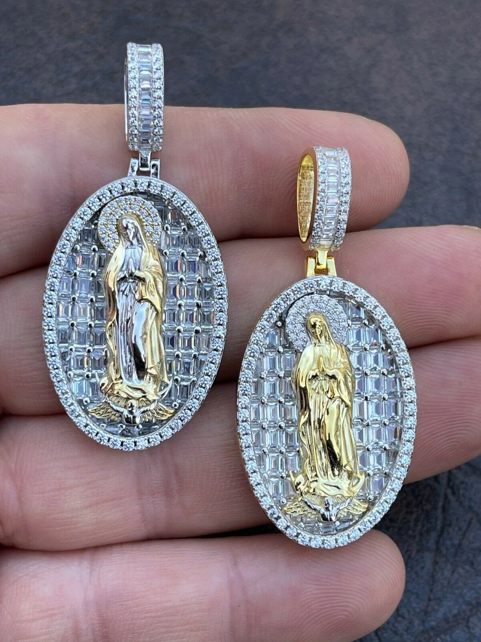 Real 925 Sterling Silver & 14k Gold - Virgin Mary Necklace Iced Diamond Pendant 4 Real 925 Sterling Silver & 14k Gold - Virgin Mary Necklace Iced Diamond Pendant - Image 2