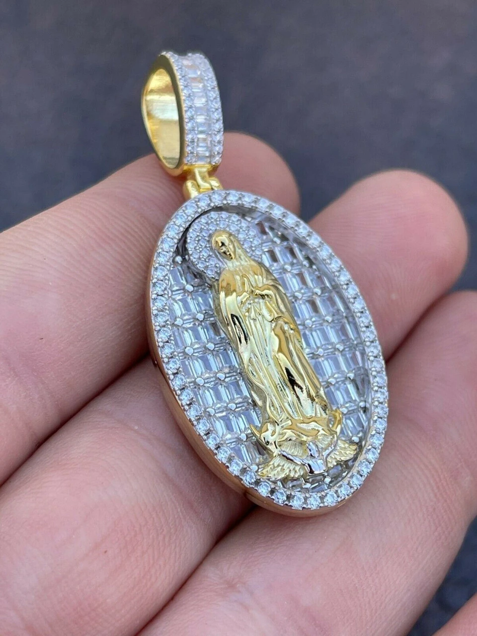Real 925 Sterling Silver & 14k Gold - Virgin Mary Necklace Iced Diamond Pendant 6 Real 925 Sterling Silver & 14k Gold - Virgin Mary Necklace Iced Diamond Pendant - Image 4