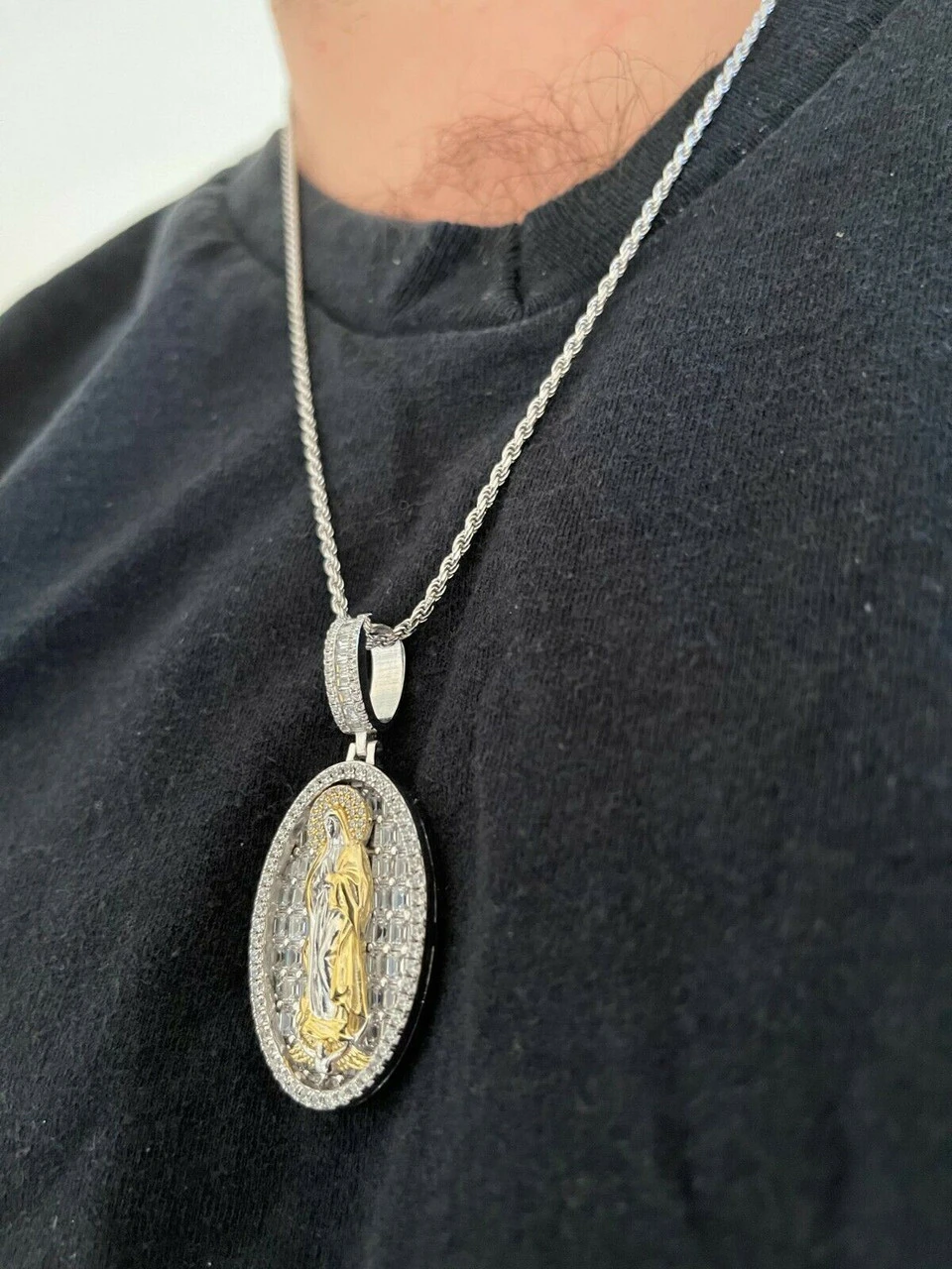 Real 925 Sterling Silver & 14k Gold - Virgin Mary Necklace Iced Diamond Pendant 13 Real 925 Sterling Silver & 14k Gold - Virgin Mary Necklace Iced Diamond Pendant - Image 11