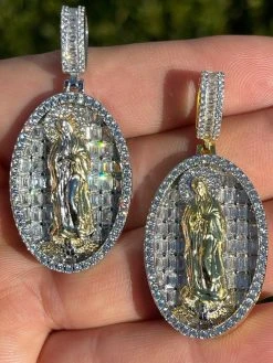 Real 925 Sterling Silver & 14k Gold - Virgin Mary Necklace Iced Diamond Pendant