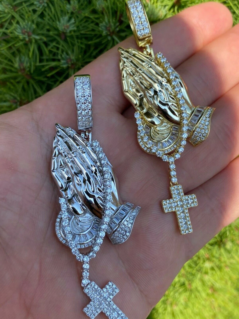 Real 925 Sterling Silver Big 3" Praying Hands Cross Mens Pendant Necklace ICED 4 Real 925 Sterling Silver Big 3" Praying Hands Cross Mens Pendant Necklace ICED - Image 2