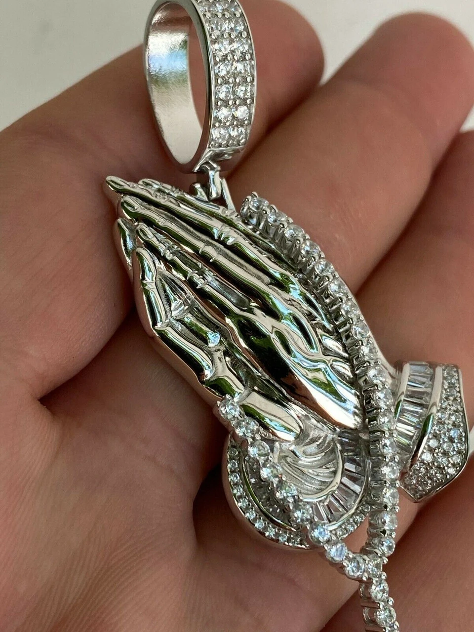 Real 925 Sterling Silver Big 3" Praying Hands Cross Mens Pendant Necklace ICED 7 Real 925 Sterling Silver Big 3" Praying Hands Cross Mens Pendant Necklace ICED - Image 5