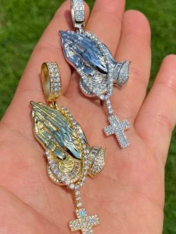 Real 925 Sterling Silver Big 3" Praying Hands Cross Mens Pendant Necklace ICED 19 Real 925 Sterling Silver Big 3" Praying Hands Cross Mens Pendant Necklace ICED -Harlem Bling Shop harlembling real 925 sterling silver big 3 praying hands cross mens pendant necklace iced 87130.1664373971