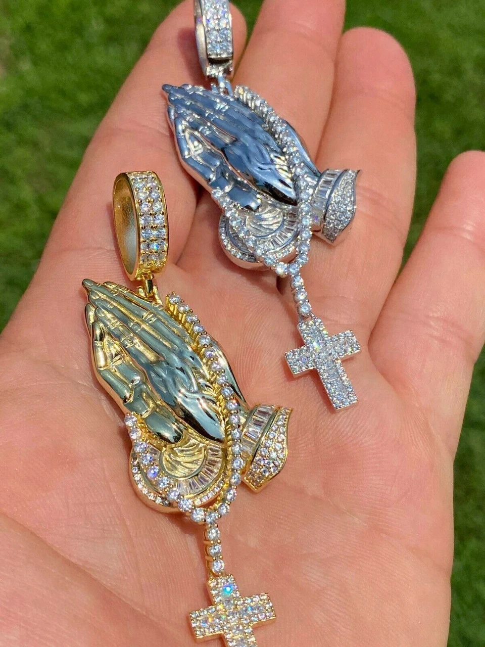 Real 925 Sterling Silver Big 3" Praying Hands Cross Mens Pendant Necklace ICED 8 Real 925 Sterling Silver Big 3" Praying Hands Cross Mens Pendant Necklace ICED - Image 6