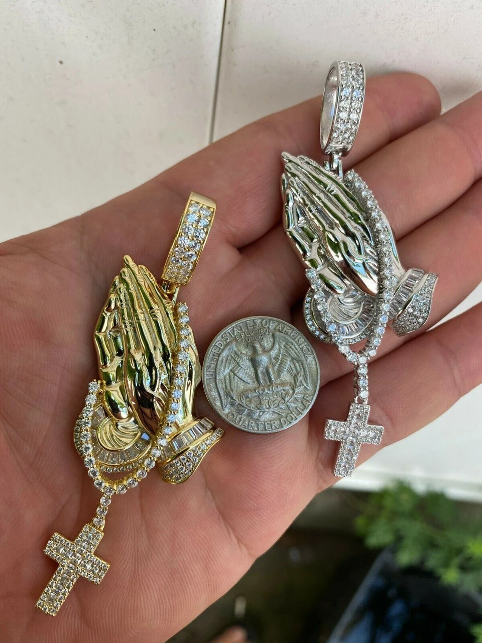 Real 925 Sterling Silver Big 3" Praying Hands Cross Mens Pendant Necklace ICED 5 Real 925 Sterling Silver Big 3" Praying Hands Cross Mens Pendant Necklace ICED - Image 3