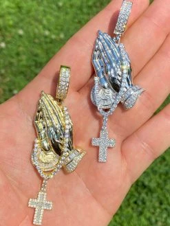 Real 925 Sterling Silver Big 3" Praying Hands Cross Mens Pendant Necklace ICED