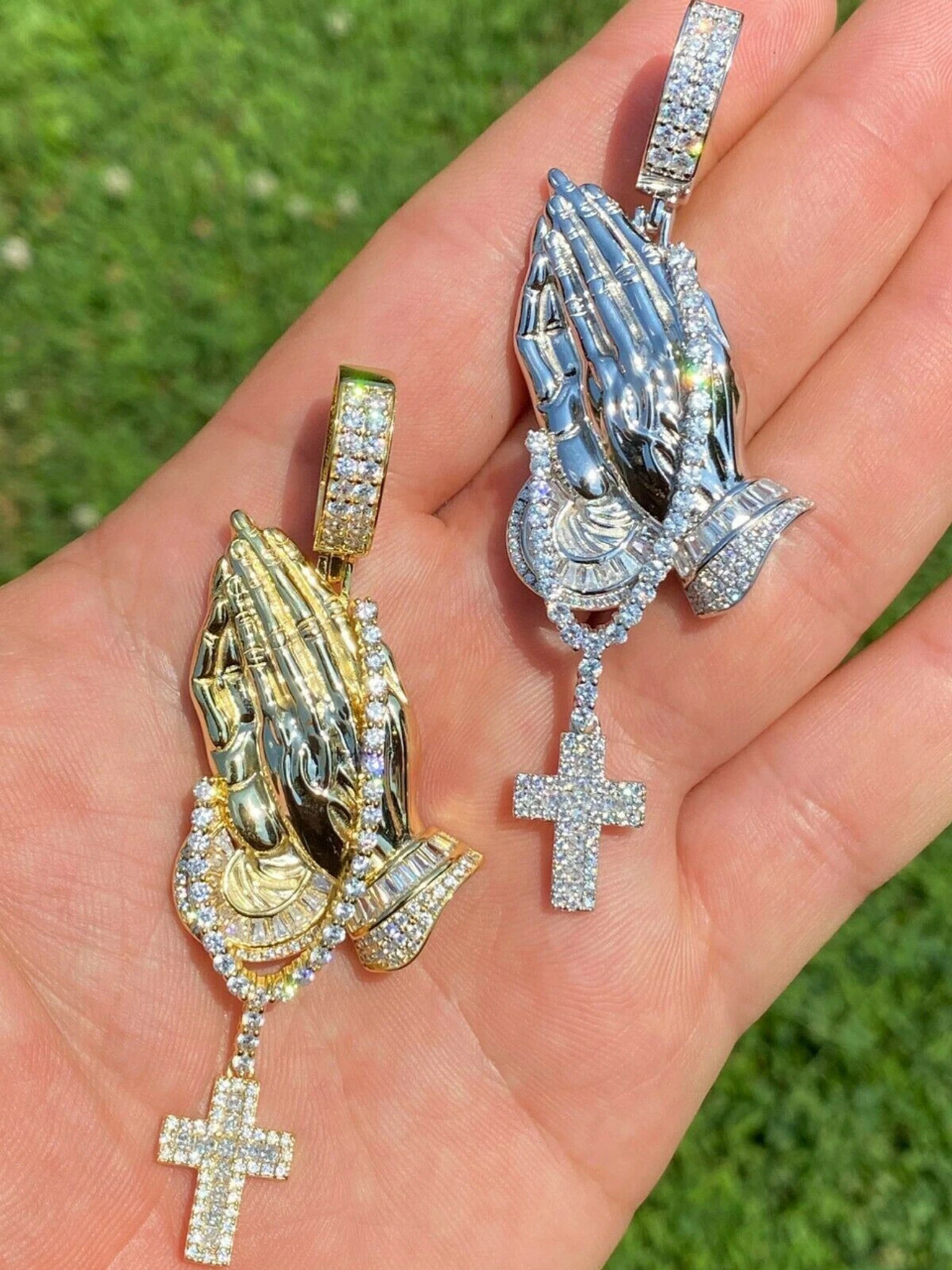 Real 925 Sterling Silver Big 3" Praying Hands Cross Mens Pendant Necklace ICED 3 Real 925 Sterling Silver Big 3" Praying Hands Cross Mens Pendant Necklace ICED