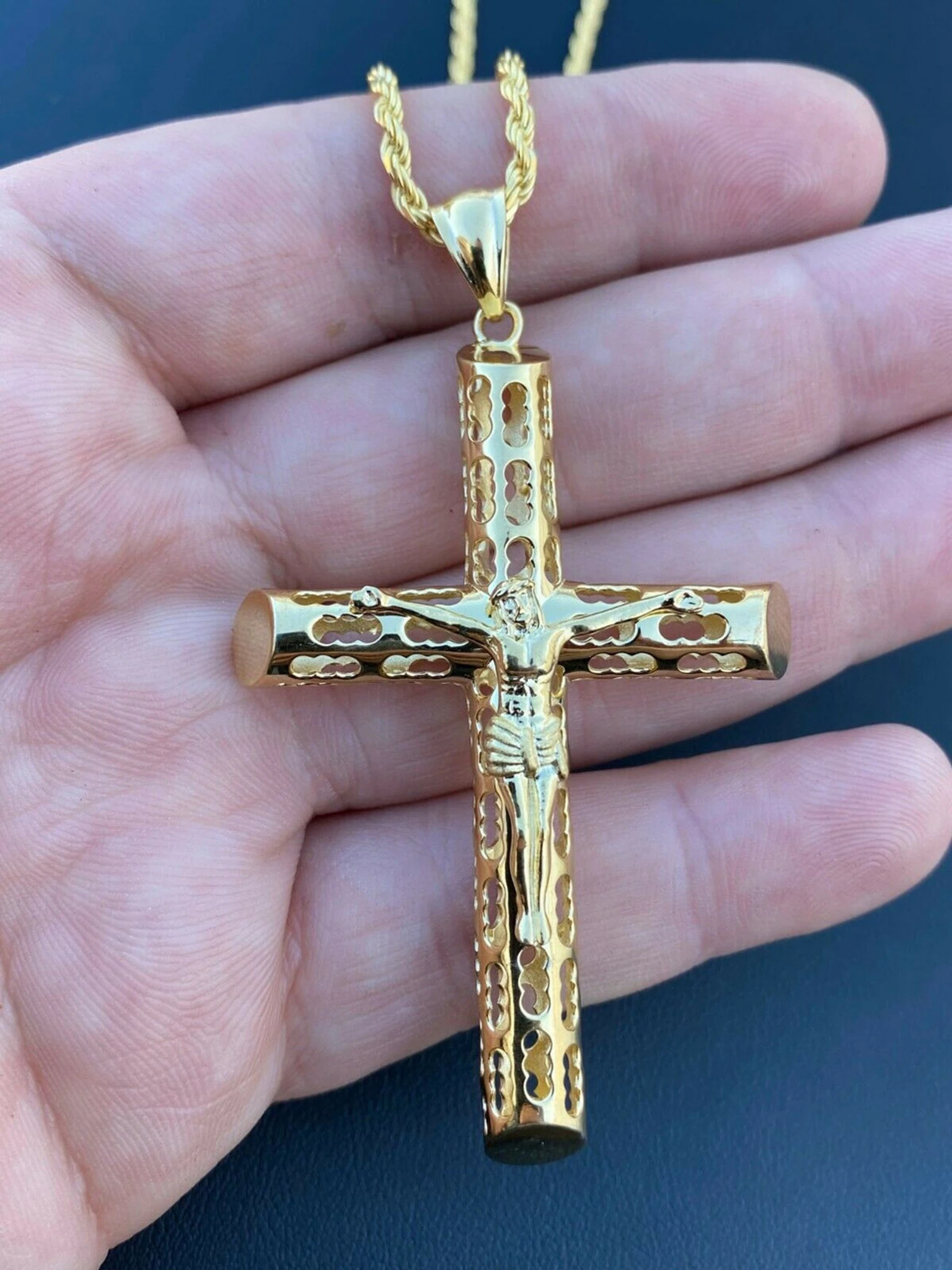 Real 925 Sterling Silver Gold Finish Cross Pendant Necklace Big 2.5" Jesus Piece 3 Real 925 Sterling Silver Gold Finish Cross Pendant Necklace Big 2.5" Jesus Piece