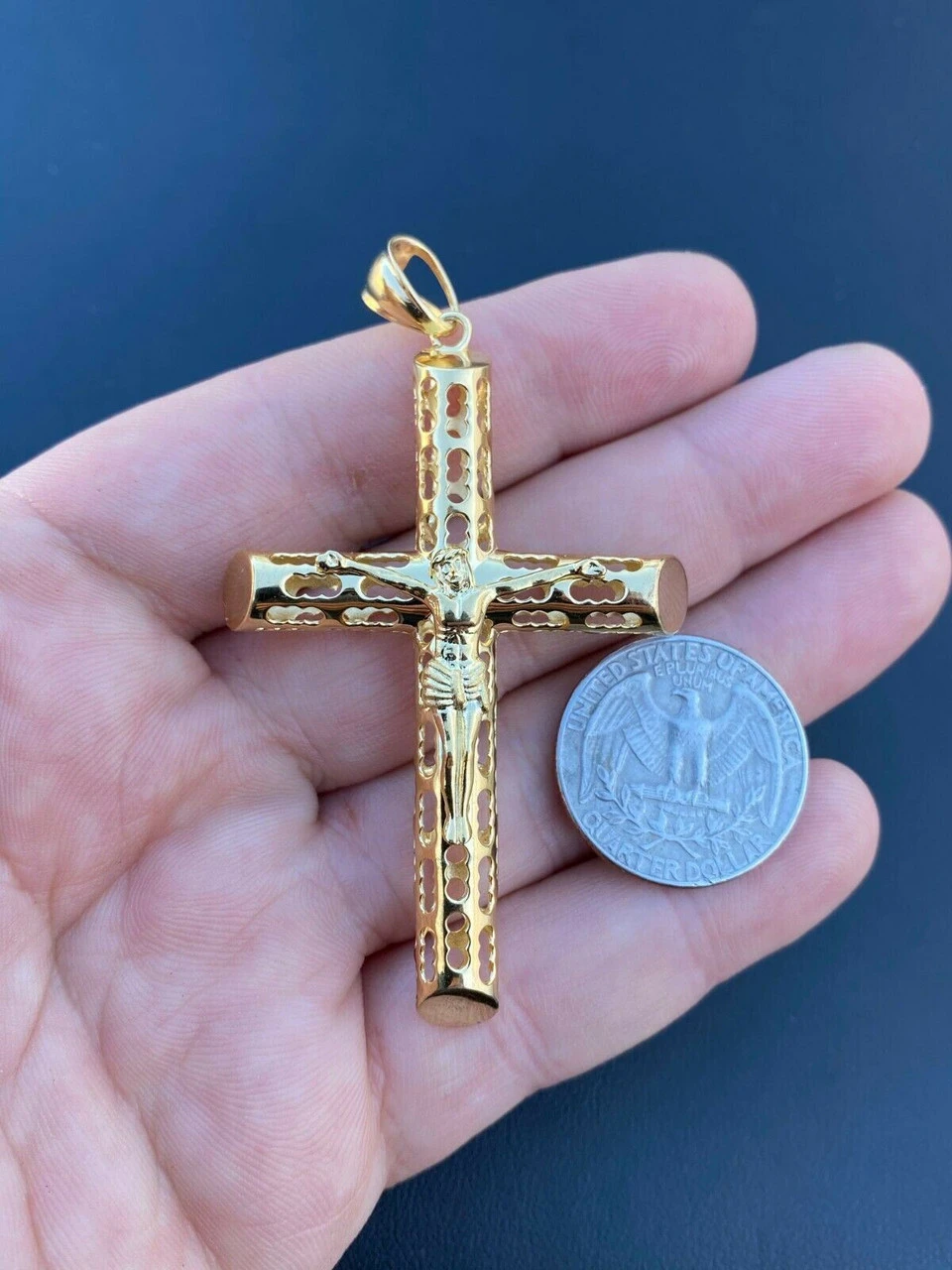 Real 925 Sterling Silver Gold Finish Cross Pendant Necklace Big 2.5" Jesus Piece 7 Real 925 Sterling Silver Gold Finish Cross Pendant Necklace Big 2.5" Jesus Piece - Image 5