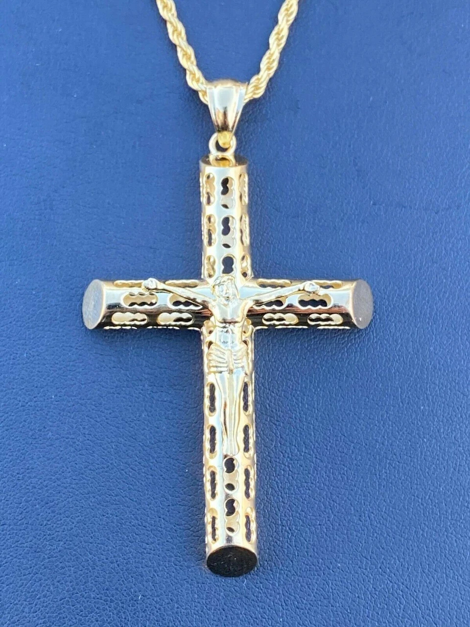 Real 925 Sterling Silver Gold Finish Cross Pendant Necklace Big 2.5" Jesus Piece 6 Real 925 Sterling Silver Gold Finish Cross Pendant Necklace Big 2.5" Jesus Piece - Image 4