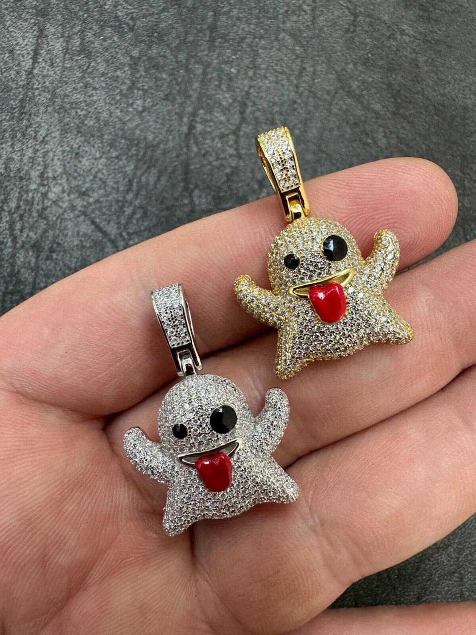 Real 925 Sterling Silver Gold Plated Snapchat Laughing Ghost Piece Pendant CZ 4 Real 925 Sterling Silver Gold Plated Snapchat Laughing Ghost Piece Pendant CZ - Image 2