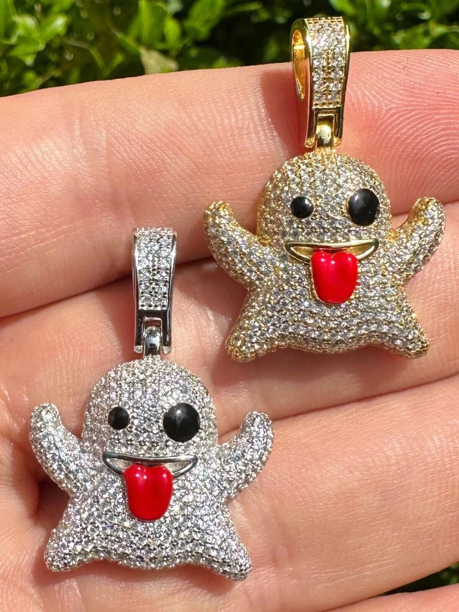 Real 925 Sterling Silver Gold Plated Snapchat Laughing Ghost Piece Pendant CZ 3 Real 925 Sterling Silver Gold Plated Snapchat Laughing Ghost Piece Pendant CZ