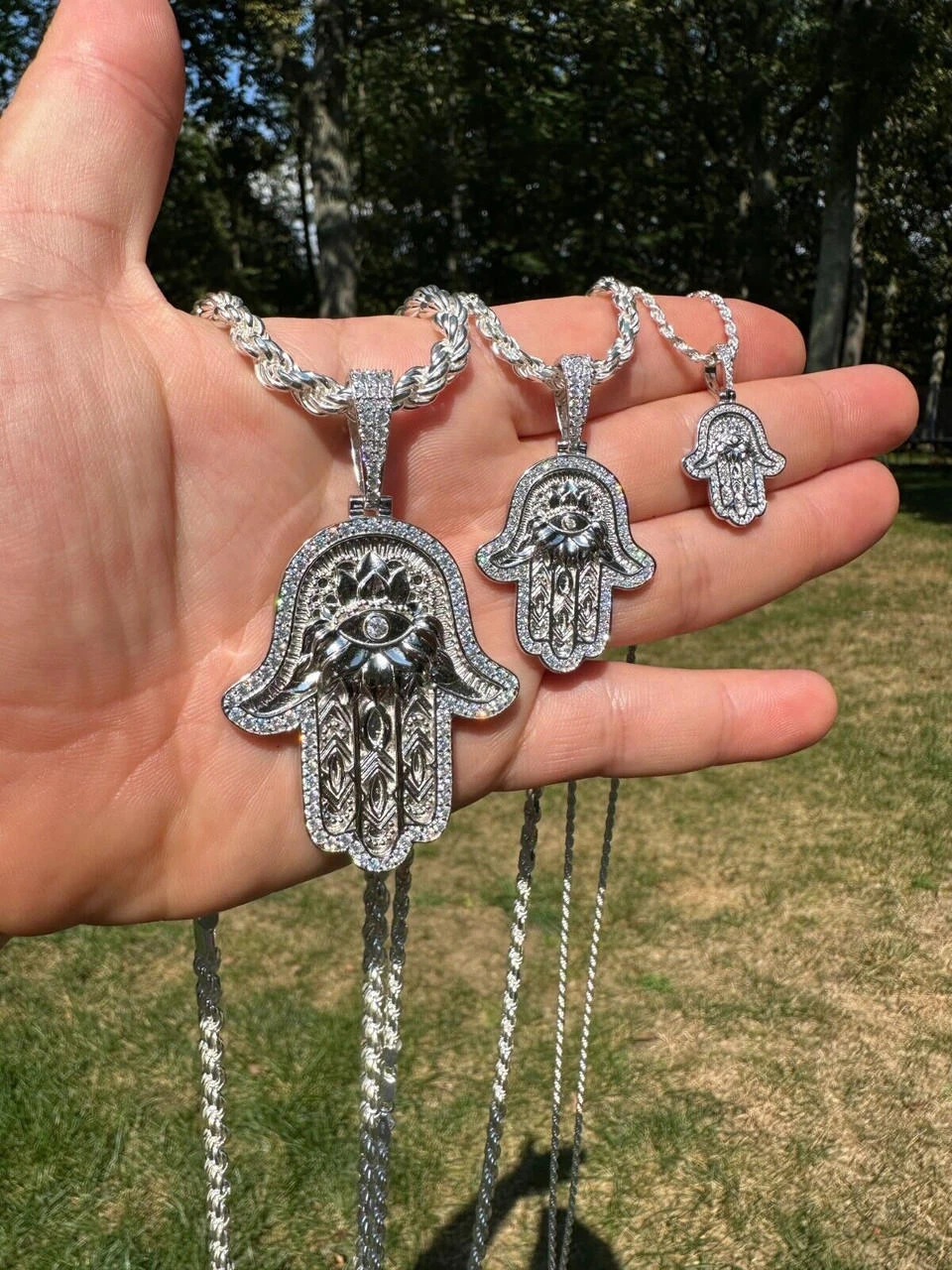 Real 925 Sterling Silver Hamsa Evil Eye Hand Iced MOISSANITE Pendant - 3 Sizes 4 Real 925 Sterling Silver Hamsa Evil Eye Hand Iced MOISSANITE Pendant - 3 Sizes - Image 2