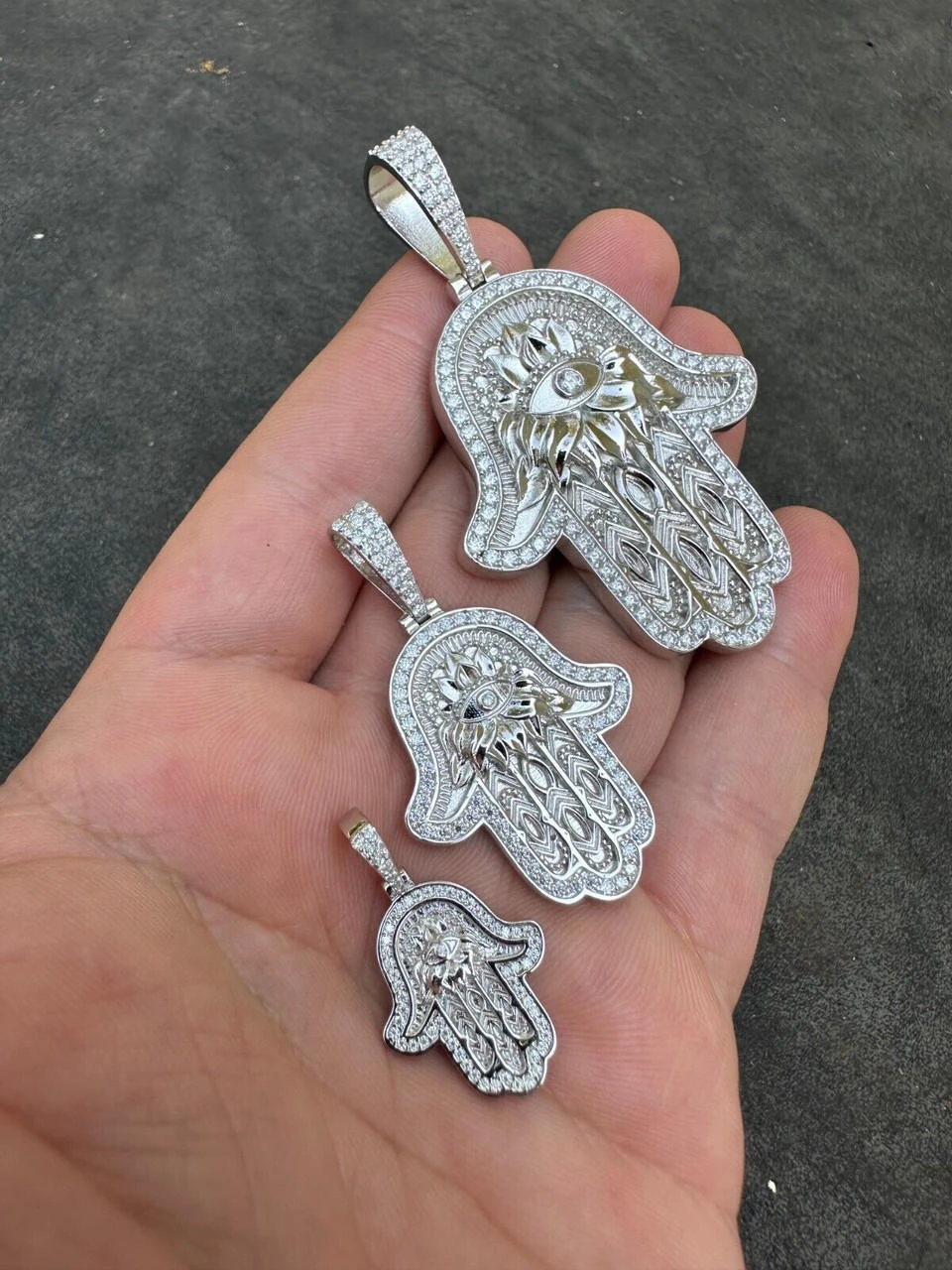 Real 925 Sterling Silver Hamsa Evil Eye Hand Iced MOISSANITE Pendant - 3 Sizes 9 Real 925 Sterling Silver Hamsa Evil Eye Hand Iced MOISSANITE Pendant - 3 Sizes - Image 7