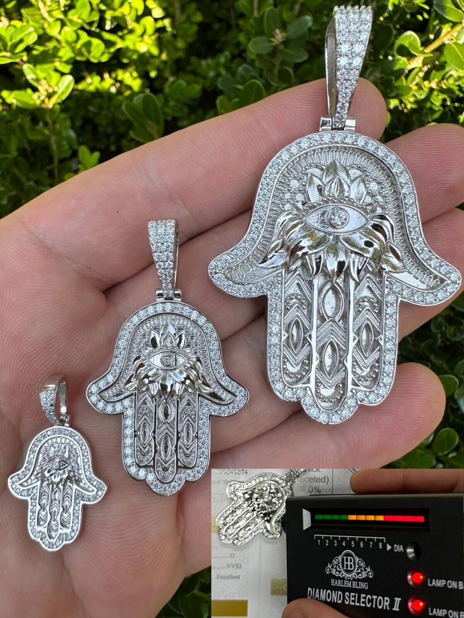 Real 925 Sterling Silver Hamsa Evil Eye Hand Iced MOISSANITE Pendant - 3 Sizes 3 Real 925 Sterling Silver Hamsa Evil Eye Hand Iced MOISSANITE Pendant - 3 Sizes