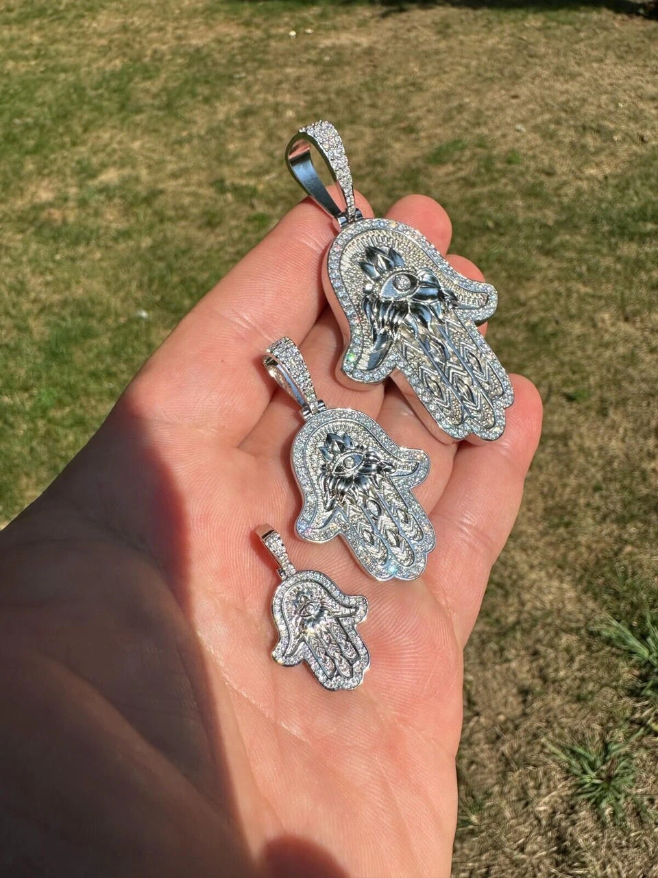 Real 925 Sterling Silver Hamsa Evil Eye Hand Iced MOISSANITE Pendant - 3 Sizes 12 Real 925 Sterling Silver Hamsa Evil Eye Hand Iced MOISSANITE Pendant - 3 Sizes - Image 10