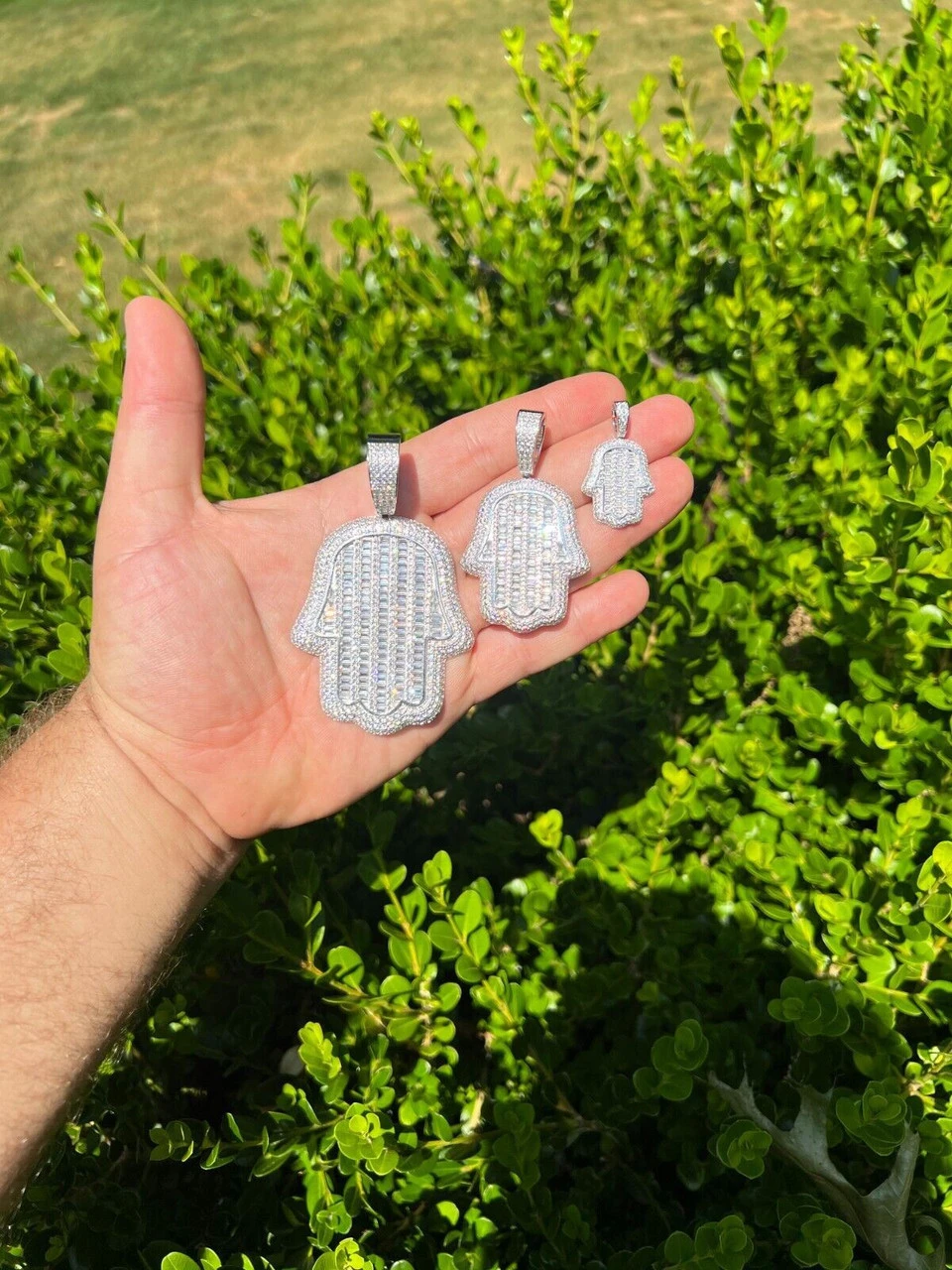 Real 925 Sterling Silver Hand Hamsa Iced Baguette CZ Hip Hop Pendant Necklace 4 Real 925 Sterling Silver Hand Hamsa Iced Baguette CZ Hip Hop Pendant Necklace - Image 2