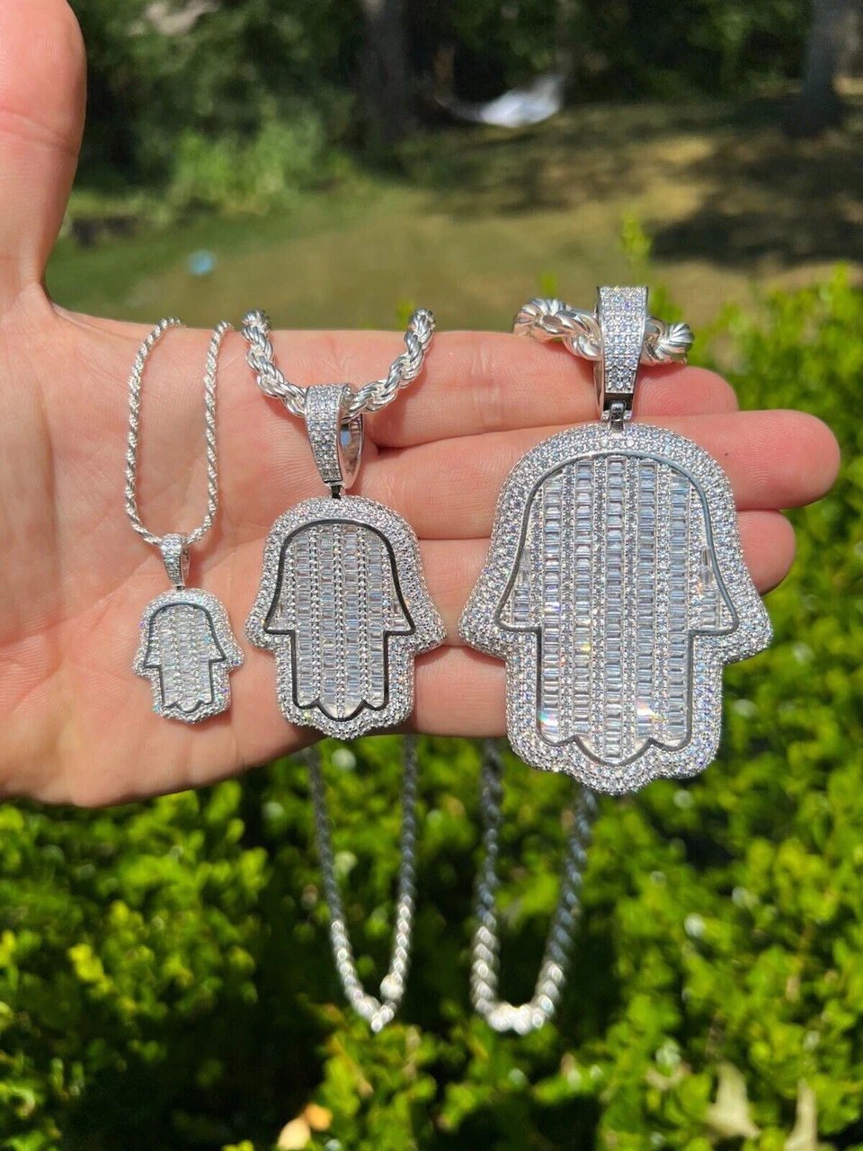 Real 925 Sterling Silver Hand Hamsa Iced Baguette CZ Hip Hop Pendant Necklace 6 Real 925 Sterling Silver Hand Hamsa Iced Baguette CZ Hip Hop Pendant Necklace - Image 4