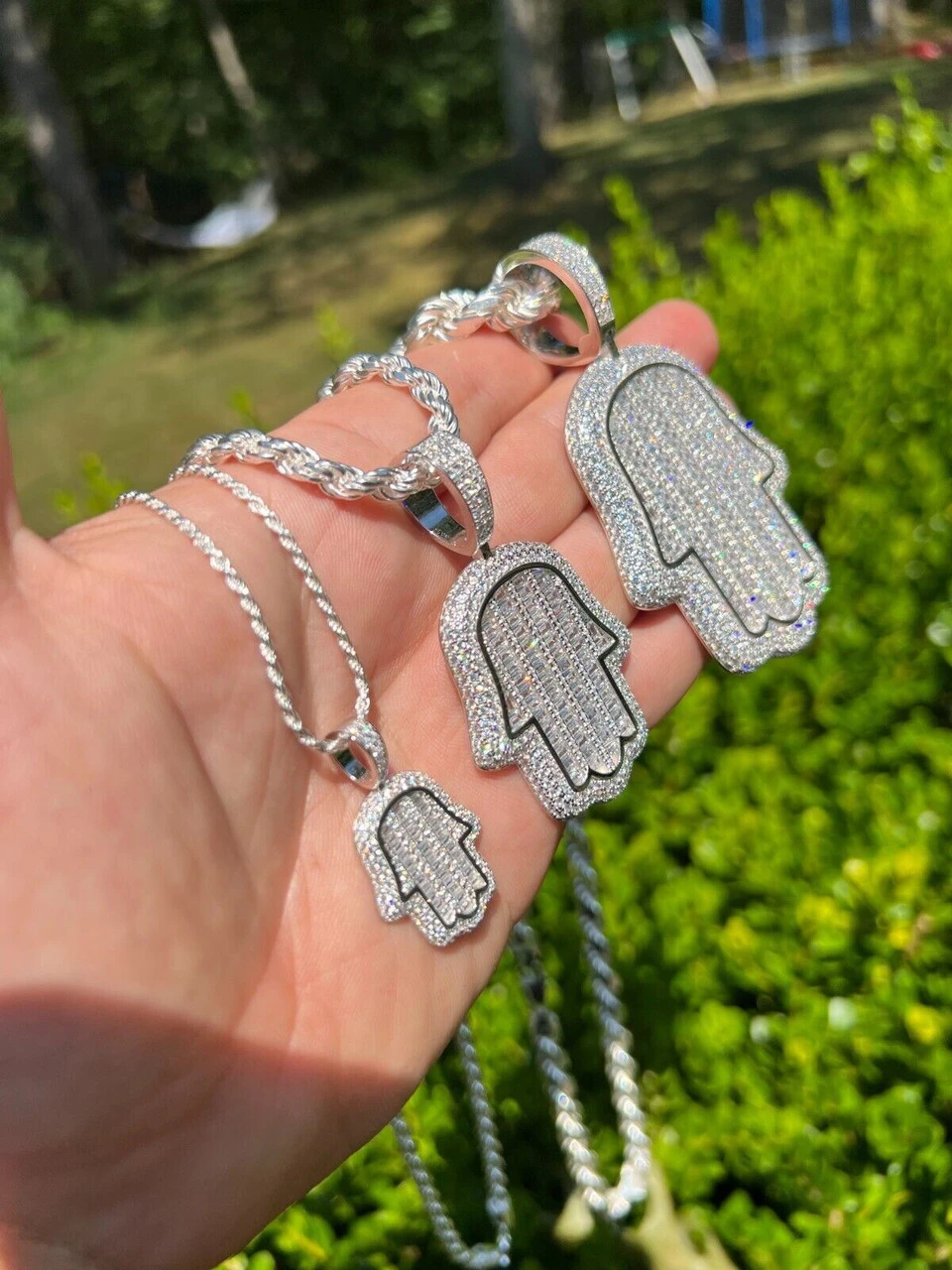 Real 925 Sterling Silver Hand Hamsa Iced Baguette CZ Hip Hop Pendant Necklace 11 Real 925 Sterling Silver Hand Hamsa Iced Baguette CZ Hip Hop Pendant Necklace - Image 9