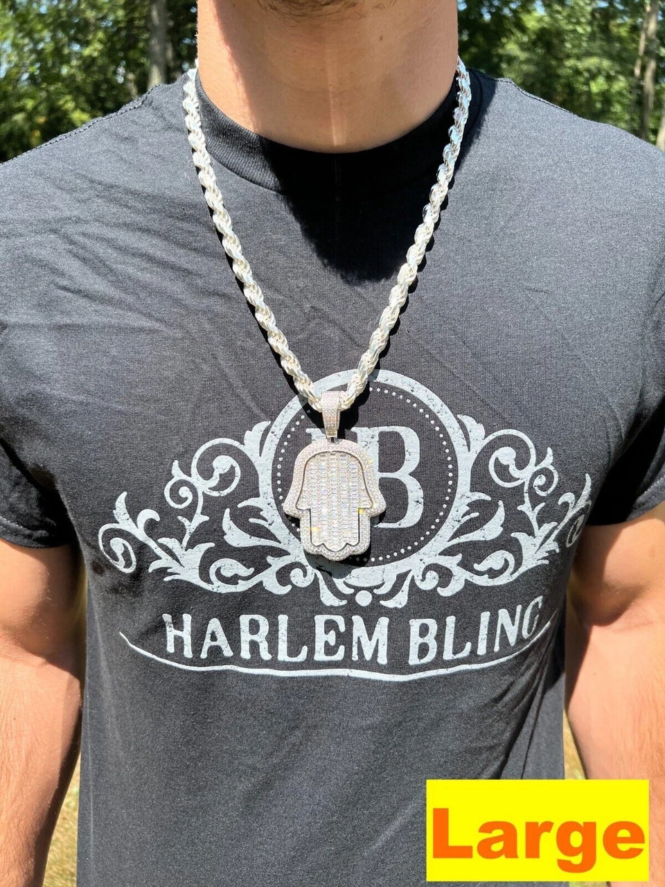 Real 925 Sterling Silver Hand Hamsa Iced Baguette CZ Hip Hop Pendant Necklace 7 Real 925 Sterling Silver Hand Hamsa Iced Baguette CZ Hip Hop Pendant Necklace - Image 5