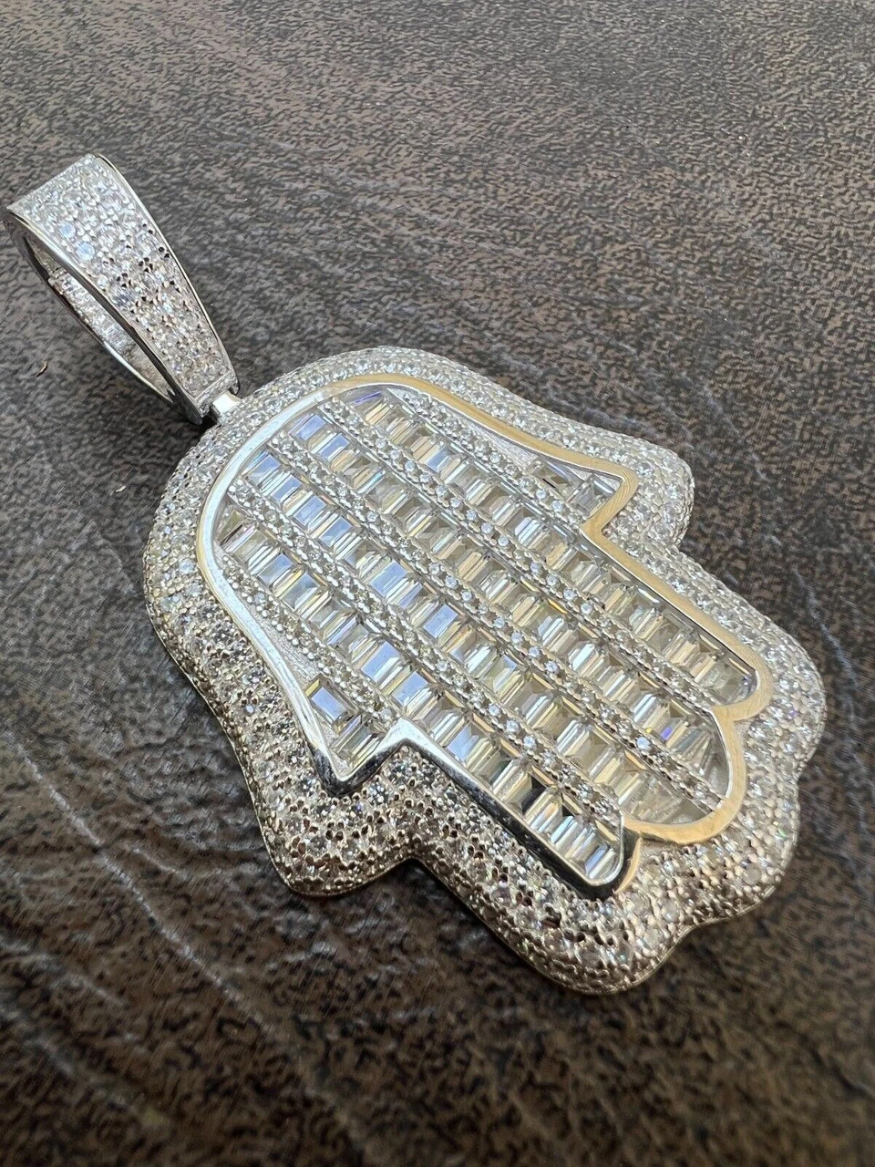 Real 925 Sterling Silver Hand Hamsa Iced Baguette CZ Hip Hop Pendant Necklace 10 Real 925 Sterling Silver Hand Hamsa Iced Baguette CZ Hip Hop Pendant Necklace - Image 8