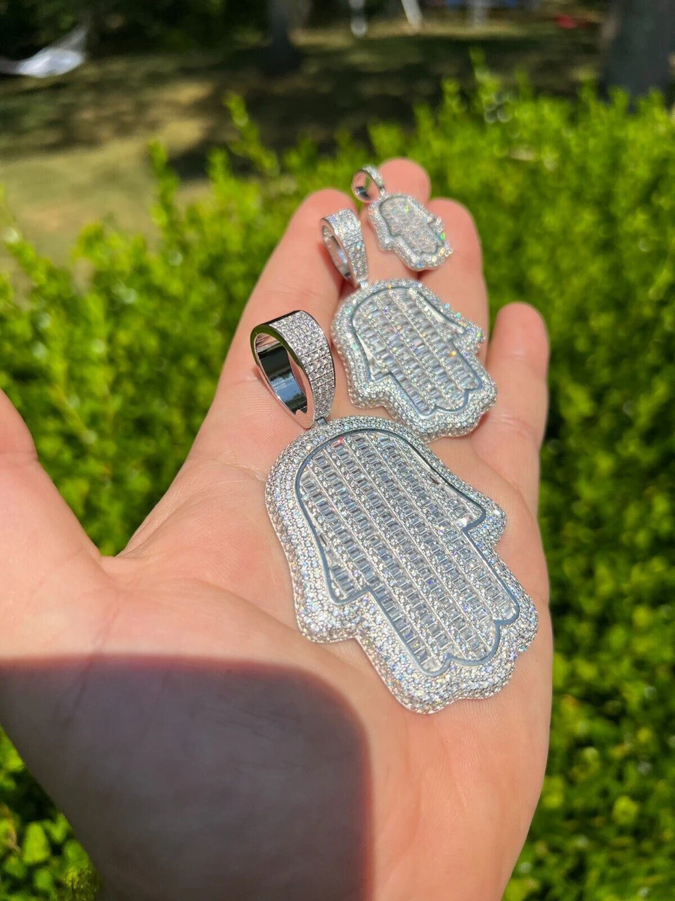 Real 925 Sterling Silver Hand Hamsa Iced Baguette CZ Hip Hop Pendant Necklace 5 Real 925 Sterling Silver Hand Hamsa Iced Baguette CZ Hip Hop Pendant Necklace - Image 3