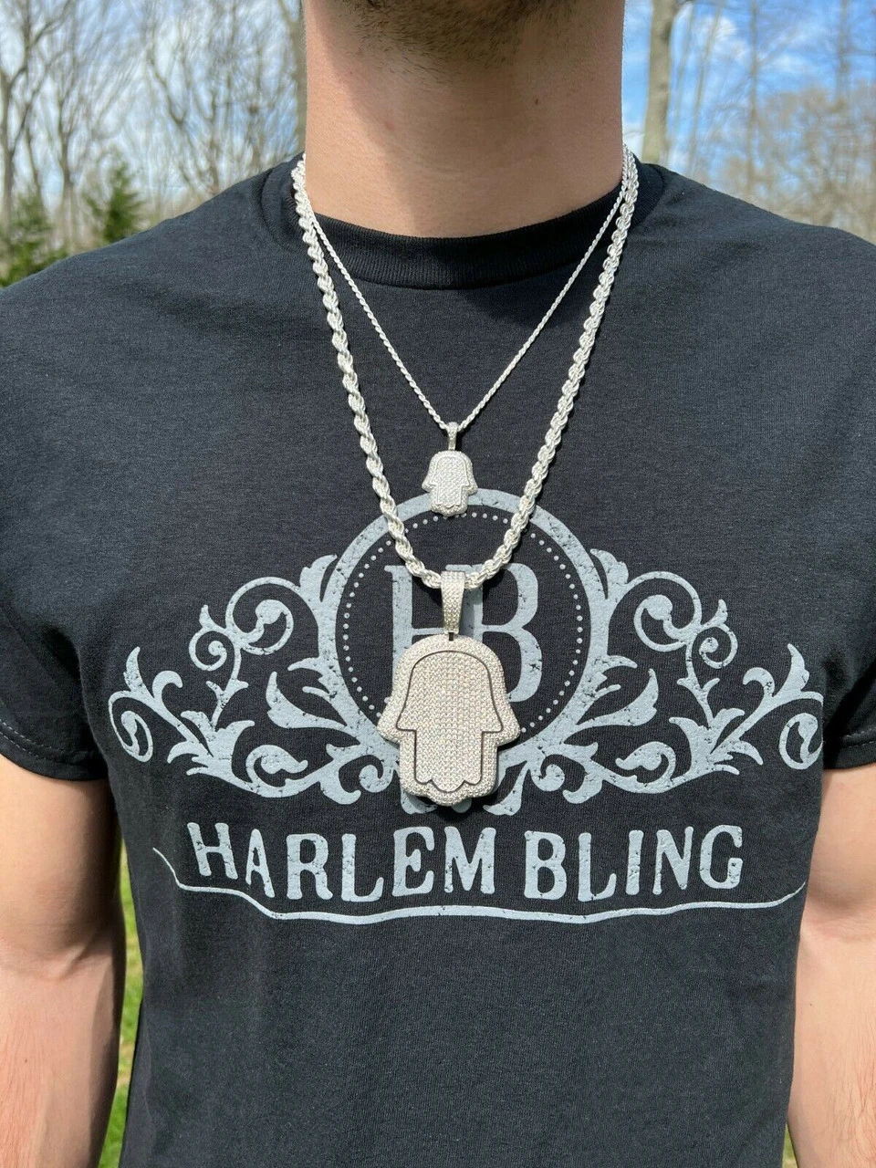 Real 925 Sterling Silver Hand Of God Hamsa Iced Hip Hop Diamond Pendant Necklace 6 Real 925 Sterling Silver Hand Of God Hamsa Iced Hip Hop Diamond Pendant Necklace - Image 4