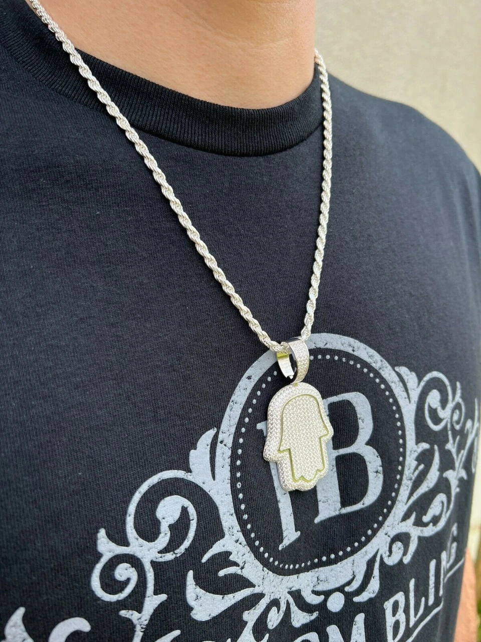 Real 925 Sterling Silver Hand Of God Hamsa Iced Hip Hop Diamond Pendant Necklace 8 Real 925 Sterling Silver Hand Of God Hamsa Iced Hip Hop Diamond Pendant Necklace - Image 6