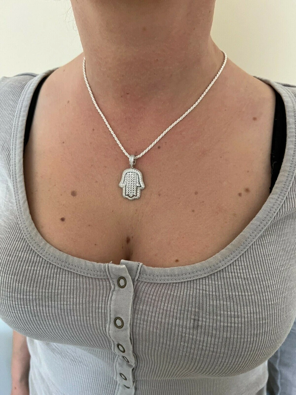 Real 925 Sterling Silver Hand Of God Hamsa Iced Hip Hop Diamond Pendant Necklace 9 Real 925 Sterling Silver Hand Of God Hamsa Iced Hip Hop Diamond Pendant Necklace - Image 7