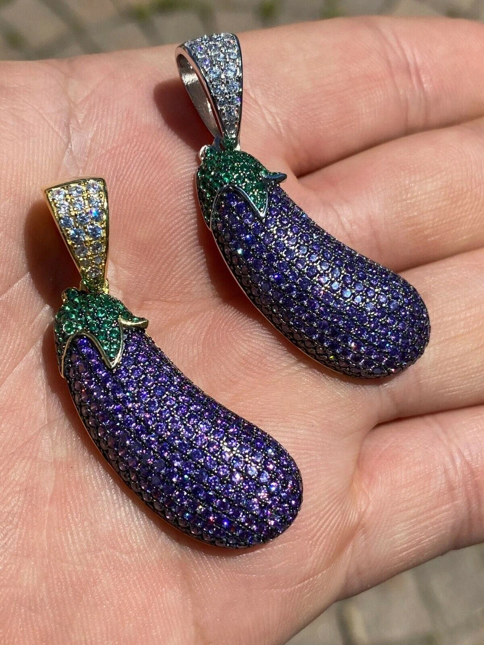 Real 925 Sterling Silver Hip Hop Eggplant Emoji Pendant Necklace Iced 2" Big 5 Real 925 Sterling Silver Hip Hop Eggplant Emoji Pendant Necklace Iced 2" Big - Image 3