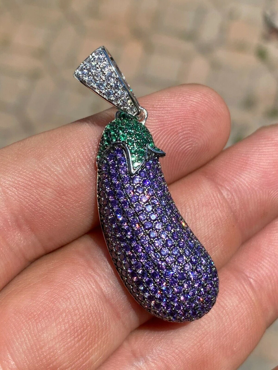 Real 925 Sterling Silver Hip Hop Eggplant Emoji Pendant Necklace Iced 2" Big 4 Real 925 Sterling Silver Hip Hop Eggplant Emoji Pendant Necklace Iced 2" Big - Image 2
