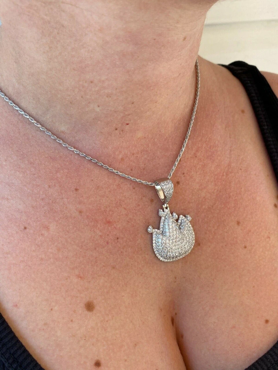 Real 925 Sterling Silver Hip Hop Fire Emoji Pendant Necklace Iced Flame 7 Real 925 Sterling Silver Hip Hop Fire Emoji Pendant Necklace Iced Flame - Image 5