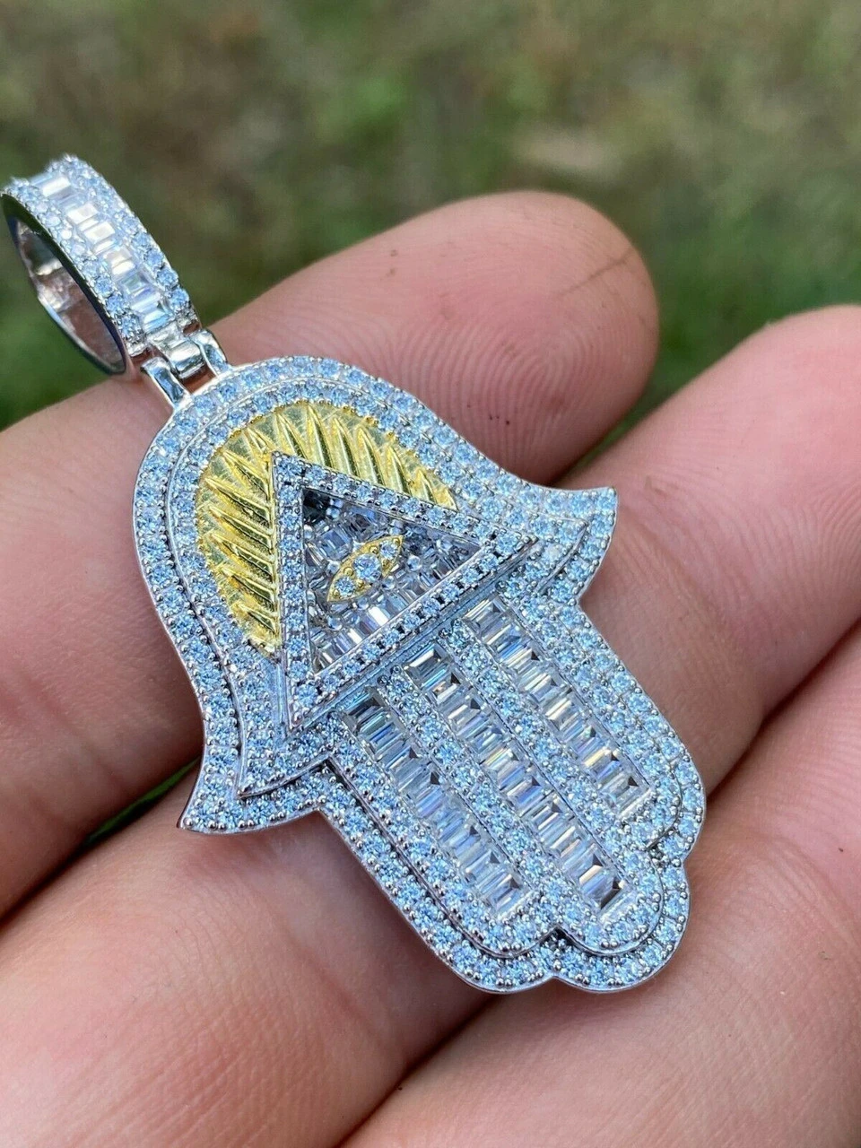 Real 925 Sterling Silver Hip Hop Hamsa Hand Masonic Pyramid Pendant Iced Diamond 12 Real 925 Sterling Silver Hip Hop Hamsa Hand Masonic Pyramid Pendant Iced Diamond - Image 10
