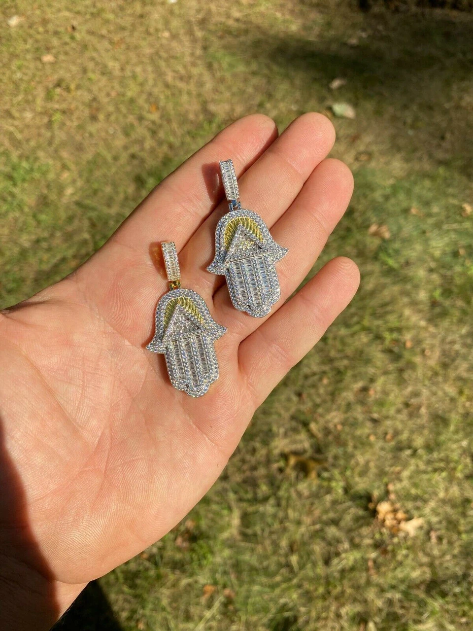 Real 925 Sterling Silver Hip Hop Hamsa Hand Masonic Pyramid Pendant Iced Diamond 11 Real 925 Sterling Silver Hip Hop Hamsa Hand Masonic Pyramid Pendant Iced Diamond - Image 9