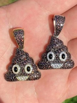 Real 925 Sterling Silver Hip Hop Poop Emoji Pendant Necklace Iced Diamond 1"