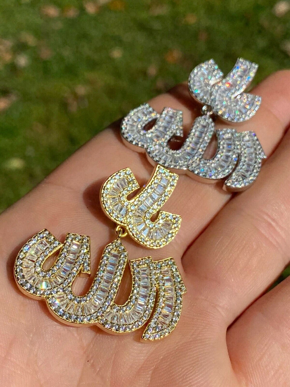 Real 925 Sterling Silver Iced Baguette Men Diamond Allah Arabic Pendant Necklace 4 Real 925 Sterling Silver Iced Baguette Men Diamond Allah Arabic Pendant Necklace - Image 2